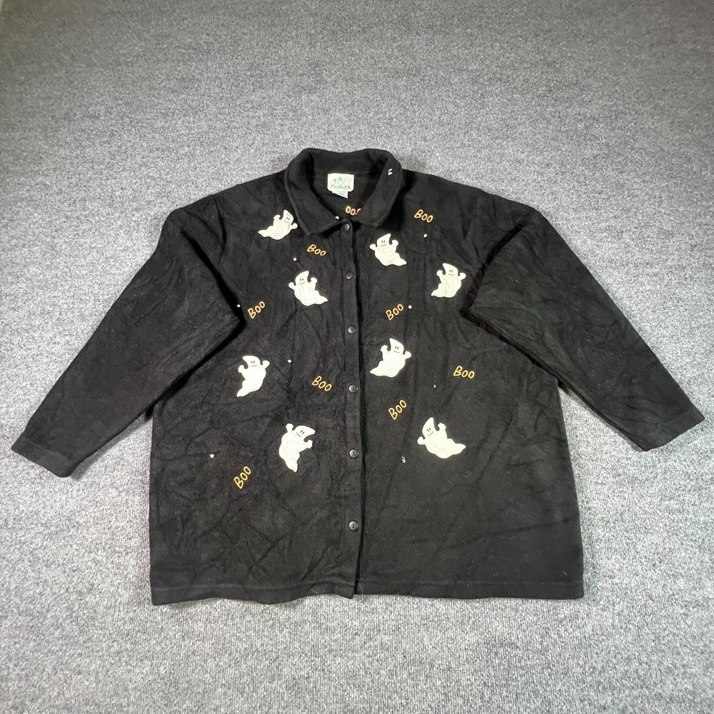 Quacker Factory Fleece Jacket Women's 3X Black Boo Ghost Embroidered Halloween